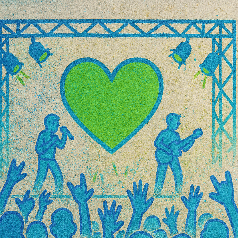 Zwei Musiker auf einer Bühne vor einem Publikum, umgeben von einem Herzsymbol.