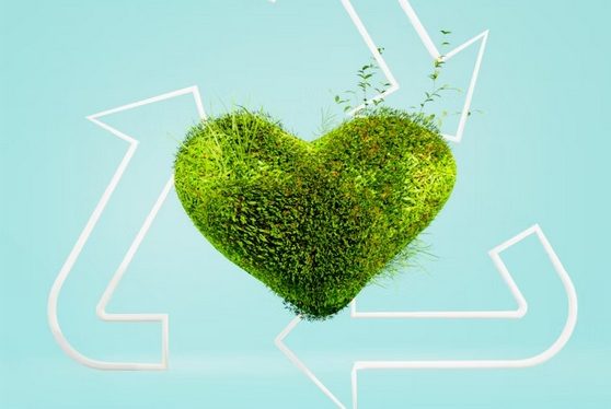 Herz aus Gras, umgeben von Kreislaufwirtschaft-Symbolen auf blauem Hintergrund.